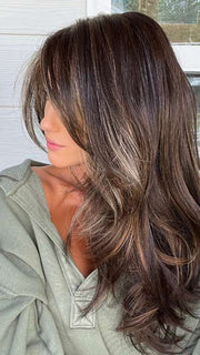 Jenna @jenna_fail wearing ANGELICA by NORIKO in color CHOCOLATE SWIRL | Dark Brown Base with Light Auburn and Honey Blonde evenly highlighted