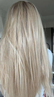 Carly @carlynwilson84 wearing STAY THE NIGHT by RAQUEL WELCH WIGS in color RL19/23SS SHADED BISCUIT | Light Ash Blonde Evenly Blended with Cool Platinum Blonde with Dark Roots
