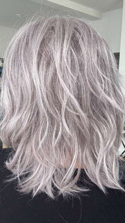 Mel B. @mels.be.ageless wearing MELLOW by ESTETICA in color LILAC-HAZE | Gray and White Blended with Lilac
