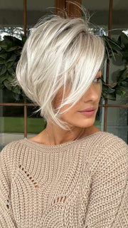 Jenna @jenna_fail wearing IDALIA by JON RENAU in color FS17/101S18 PALM SPRINGS BLONDE | Light Ash Blonde with Pure White Natural Violet Bold Highlights, Shaded with Dark Natural Ash Blonde