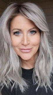 Natalie @vanish.into.thin.hair wearing BEACH WAVE MAGIC by TRESSALLURE in color 56/60/R8 | Lightest Grey Blend Rooted Medium Brown
