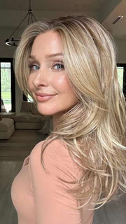 Heather @cjswigs wearing BEVERLY HILLS by BELLETRESS in color CARAMEL BLONDE R | Light Brown Rooted, with a blend of Light Gold Blonde, hint of Strawberry Blonde and Light Auburn with the balance of Cool, Light Blonde Highlights.