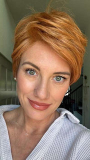 Jenny B. @thewiggygirl wearing PALO ALTO by BELLETRESS in color SIENNA SPICE | A true light strawberry blonde/red with low light and highlights
