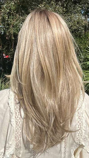 Heather @cjswigs wearing BEVERLY HILLS by BELLETRESS in color RAW SUGAR BLONDE | A Neutral Light Blonde, Honey Blonde, Pale Gold Blonde, with a base of Light Brown Low Lights featuring a Medium Root Color
