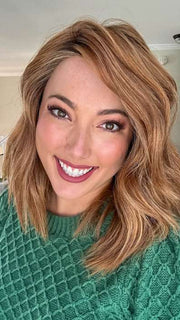 Jen @being_mrs_brown wearing BIG SPENDER by RAQUEL WELCH WIGS in color RL29/33SS ICED PUMPKIN SPICE | Strawberry Blonde shaded with Dark Red-Brown
