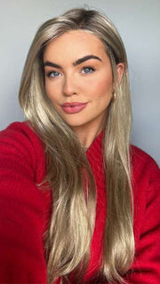Olivia @oliviamcveigh_ wearing AVERY by JON RENAU in color 22F16S8 VENICE BLONDE | Light Ash Blonde and Light Natural Blonde Blend Shaded with Medium Brown