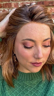 Jen @being_mrs_brown wearing BIG SPENDER by RAQUEL WELCH WIGS in color RL29/33SS ICED PUMPKIN SPICE | Strawberry Blonde shaded with Dark Red-Brown
