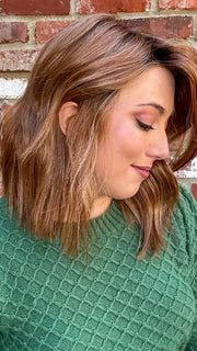 Jen @being_mrs_brown wearing BIG SPENDER by RAQUEL WELCH WIGS in color RL29/33SS ICED PUMPKIN SPICE | Strawberry Blonde shaded with Dark Red-Brown
