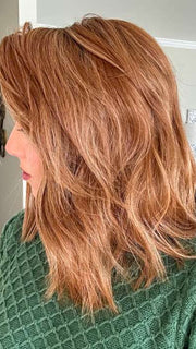 Jen @being_mrs_brown wearing BIG SPENDER by RAQUEL WELCH WIGS in color RL29/33SS ICED PUMPKIN SPICE | Strawberry Blonde shaded with Dark Red-Brown
