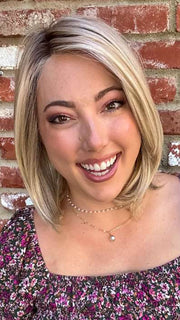 Jen @being_mrs_brown wearing HAUTE by JON RENAU in color 22F16S8 VENICE BLONDE | Light Ash Blonde and Light Natural Blonde Blend Shaded with Medium Brown
