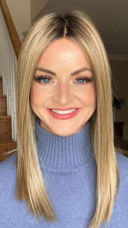 Sandy @i_be_wiggin wearing SLEEK by ELLEN WILLE in color LIGHT BERNSTEIN ROOTED 12.26.27 | Lightest Brown, Light Golden Blonde, and Dark Strawberry Blonde Blend with Shaded Roots
