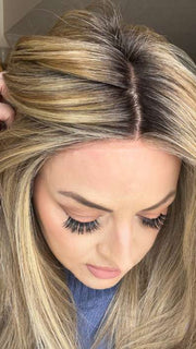 Sandy @i_be_wiggin wearing SLEEK by ELLEN WILLE in color LIGHT BERNSTEIN ROOTED 12.26.27 | Lightest Brown, Light Golden Blonde, and Dark Strawberry Blonde Blend with Shaded Roots
