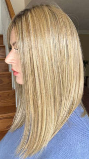 Sandy @i_be_wiggin wearing SLEEK by ELLEN WILLE in color LIGHT BERNSTEIN ROOTED 12.26.27 | Lightest Brown, Light Golden Blonde, and Dark Strawberry Blonde Blend with Shaded Roots
