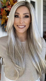 Nichole @nicholealee wearing AVERY by JON RENAU in color FS17/101S18 PALM SPRINGS BLONDE | Light Ash Blonde with Pure White Natural Violet Bold Highlights, Shaded with Dark Natural Ash Blonde
