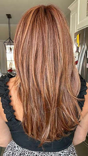 Jen @being_mrs_brown wearing SIZZLE by TRESSALLURE in color 33/32/R4 | Dark Auburn Blended with Dark Brown and Dark Roots
