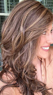 Kristyna @kristynamoore wearing LYNDON by RENE OF PARIS in color MARBLE-BROWN-R | Medium Brown Evenly Blended with Light Honey Brown With Dark Roots
