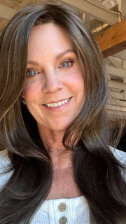 Susan @an_affair_with_hair wearing ZARA by JON RENAU in color 8RH14 MOUSSE CAKE | Medium Brown with 33% Medium Natural Blonde Highlights
