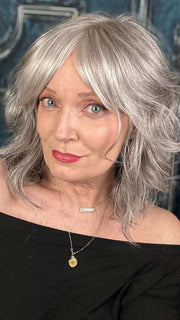 Mel B. @mels.be.ageless wearing BRAYLEN by AMORE in color SILVER-STONE | Dark Brown Base with Multi Grey Shades Blended