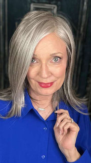 Mel B. @mels.be.ageless wearing HARLEE by NORIKO in color SILVER-STONE | Dark Brown Base with Multi Grey Shades Blended
