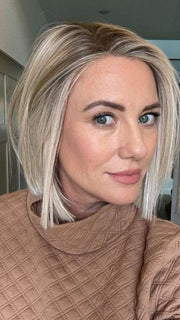 Jenny B. @thewiggygirl wearing SANTA MONICA by BELLETRESS in color CRUSHED ALMOND BLONDE R | A soft Neutral Light Blonde with a Light and Medium Blended Root Color.
