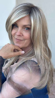 Susan Sparks @sparkles_intheworld wearing ANGELICA PM by NORIKO in color ARABIAN SAND™ | Neutral Chocolate Brown Roots fade into a Neutral Blonde Base, blended with Sandy, Chestnut, Golden, and Honey Blondes, with Soft Creamy Blonde Highlights and Face-Framing Lowlights