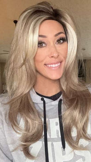 Nichole Corbett @nicholealee wearing ANGELICA PM by NORIKO in color AARABIAN SAND™ | Neutral Chocolate Brown Roots fade into a Neutral Blonde Base, blended with Sandy, Chestnut, Golden, and Honey Blondes, with Soft Creamy Blonde Highlights and Face-Framing Lowlights