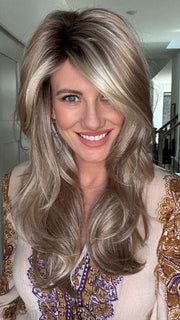 Jenny B. @thewiggygirl wearing ANGELICA PM by NORIKO in color ARABIAN SAND™ | Neutral Chocolate Brown Roots fade into a Neutral Blonde Base, blended with Sandy, Chestnut, Golden, and Honey Blondes, with Soft Creamy Blonde Highlights and Face-Framing Lowlights