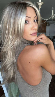 Jenna Fail @jenna_fail wearing ANGELICA PM by NORIKO in color ARABIAN SAND™ | Neutral Chocolate Brown Roots fade into a Neutral Blonde Base, blended with Sandy, Chestnut, Golden, and Honey Blondes, with Soft Creamy Blonde Highlights and Face-Framing Lowlights