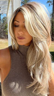Jenna Fail @jenna_fail wearing ANGELICA PM by NORIKO in color ARABIAN SAND™ | Neutral Chocolate Brown Roots fade into a Neutral Blonde Base, blended with Sandy, Chestnut, Golden, and Honey Blondes, with Soft Creamy Blonde Highlights and Face-Framing Lowlights