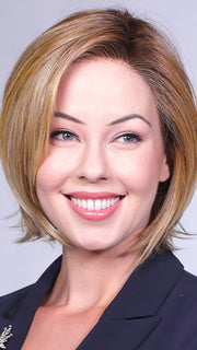 VALENCIA by Belletress in CARAMEL BLONDE R | Light Brown Rooted, with a blend of Light Gold Blonde, hint of Strawberry Blonde and Light Auburn with the balance of Cool, Light Blonde Highlights.
