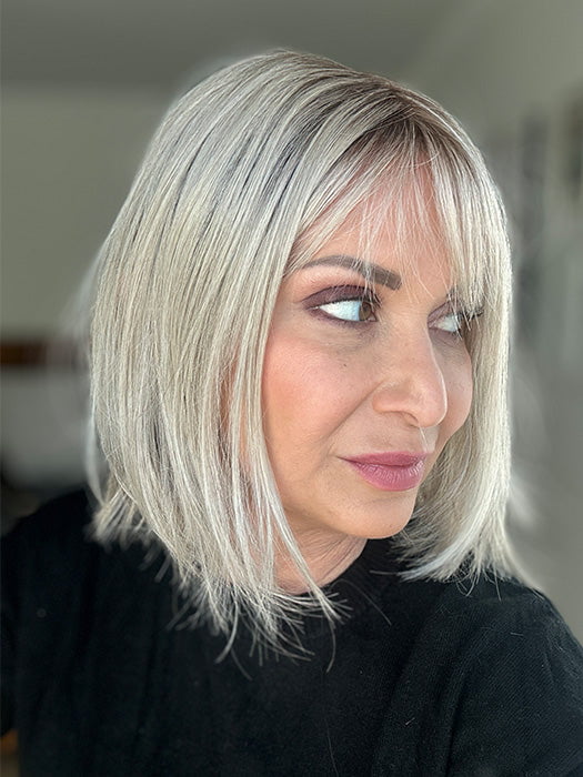 Emily H. @she_sheds_more wearing VIVI by ELLEN WILLE in color PEARL BLONDE ROOTED | Pearl Platinum Blended with Light Strawberry Blonde and Lightest Golden Blonde with Shaded Roots