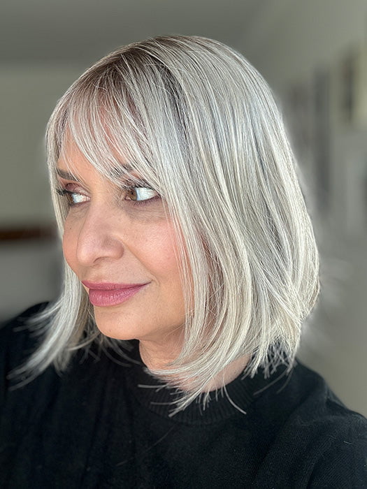 Emily H. @she_sheds_more wearing VIVI by ELLEN WILLE in color PEARL BLONDE ROOTED | Pearl Platinum Blended with Light Strawberry Blonde and Lightest Golden Blonde with Shaded Roots