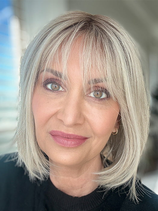 Emily H. @she_sheds_more wearing VIVI by ELLEN WILLE in color PEARL BLONDE ROOTED | Pearl Platinum Blended with Light Strawberry Blonde and Lightest Golden Blonde with Shaded Roots