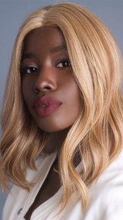 HIGH HEAT MID WAVY TOPPER by Rene of Paris in CINDER-TOFFEE | Blonde blended with Toffee, Burnt Toffee, Fudge Blonde, Milk Chocolate, and Deep Golden Blonde Tones