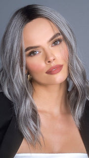 HIGH HEAT MID WAVY TOPPER by Rene of Paris in SALT-&-PEPPER-MR | A 50/50 Blend of Deep Charcoal Grey and Light Alabaster Grey Tones with a Micro Root PPC MAIN IMAGE FB MAIN IMAGE