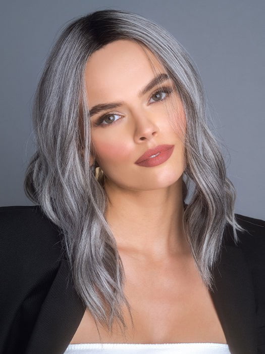 HIGH HEAT MID WAVY TOPPER by Rene of Paris in SALT-&-PEPPER-MR | A 50/50 Blend of Deep Charcoal Grey and Light Alabaster Grey Tones with a Micro Root