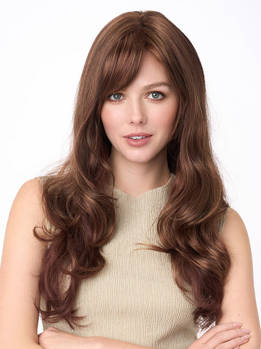 Model is wearing WENDI by ENVY in color CINNAMON-RAISIN | Medium Brown with Auburn and Cinnamon highlights