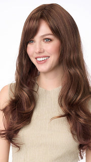 Model is wearing WENDI by ENVY in color CINNAMON-RAISIN | Medium Brown with Auburn and Cinnamon highlights
