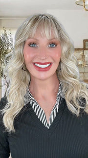 Kim Hammon @letstalkwithkim wearing WESTWOOD by BELLE TRESS in color BUTTERBEER R | Dark Brown Base and Root that transitions smoothly into a buttery blonde, infused with creamy honey and toffee tones