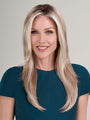 Model is wearing ZARA by JON RENAU in color 101/88/27S8 CATALINA BLONDE | Pale blonde with Pure White Natural Violet halo highlights, shaded medium brown