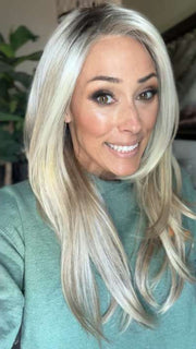 Nichole @nichole.alee wearing ZARA LITE by JON RENAU in color 101/88/27S8 CATALINA BLONDE | Pale blonde with Pure White Natural Violet halo highlights, shaded medium brown