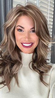 Katy C. @thewigeducator wearing AMBER by JON RENAU in color FS26/31 CARAMEL SYRUP | Medium Natural Red Brown with Medium Red Gold Blonde Bold Highlights. PPC MAIN IMAGE