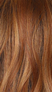 RUSTY-SUNRISE-R | Dark brown roots transition into a deep auburn tone with light copper blonde highlights for depth and dimension.