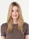 Model is wearing BARELY THERE STRAIGHT TOPPER in color VANILLA LATTE (17/101R8) | Rooted medium Blonde with Cool Platinum Dimension