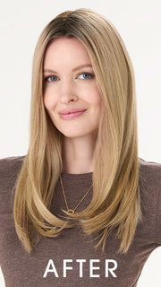Model is wearing BARELY THERE STRAIGHT TOPPER in color VANILLA LATTE (17/101R8) | Rooted medium Blonde with Cool Platinum Dimension