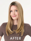 Model is wearing BARELY THERE STRAIGHT TOPPER in color VANILLA LATTE (17/101R8) | Rooted medium Blonde with Cool Platinum Dimension