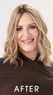 Model is wearing BARELY THERE WAVY 12" TOPPER in color PROSECCO | BROWN ROOTS WITH GOLDISH BLONDE HIGHLIGHTS