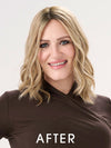 Model is wearing BARELY THERE WAVY 12" TOPPER in color PROSECCO | BROWN ROOTS WITH GOLDISH BLONDE HIGHLIGHTS
