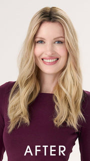 Model is wearing BARELY THERE WAVY 16" in color VANILLA LATTE (17/101R8) | Rooted medium Blonde with Cool Platinum Dimension