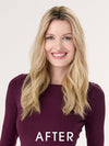 Model is wearing BARELY THERE WAVY 16" in color VANILLA LATTE (17/101R8) | Rooted medium Blonde with Cool Platinum Dimension